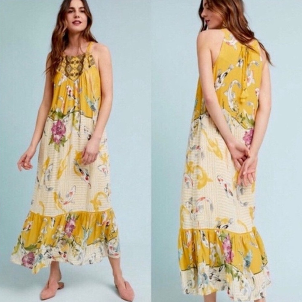 Anthropologie Yellow Floral Koi Fish Embroidered Halter Maxi Dress M